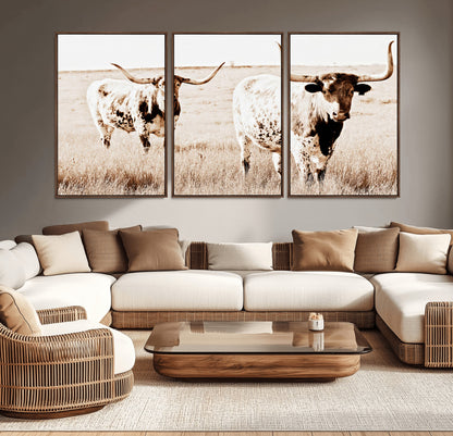 39672786-MGV-CV-36X24-Rustic Cow Scene Wall Art Canvas Print, Framed Farmhouse Style Cattle Art Picture Print, Prairie Animal Duo Perfect Rustic Western