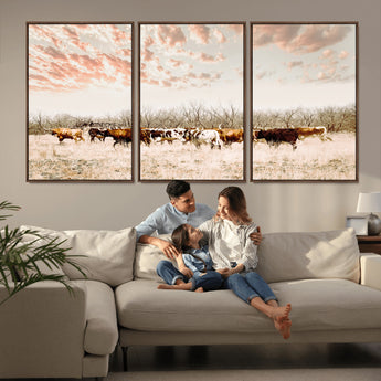 43704663-MGV-FC-60X30-3P_Walnut-Country Cow Herd Wall Art Canvas Print, Framed Farmhouse Cattle Scene Art Picture Print, Rustic Ranch Decor Perfect Rustic