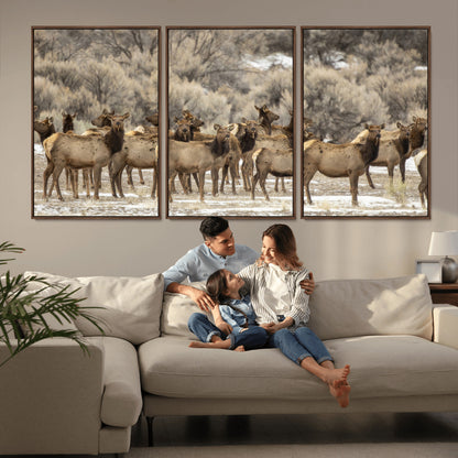 90269422-MGV-FC-60X30-3P_Walnut-Elk Herd Scene Wall Art Canvas Print, Framed Rustic Wildlife Decor Art Picture Print, Western Cabin Style Perfect Rustic Lodge