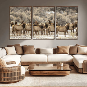 90269422-MGV-CV-36X24-Elk Herd Scene Wall Art Canvas Print, Framed Rustic Wildlife Decor Art Picture Print, Western Cabin Style Perfect Rustic Lodge