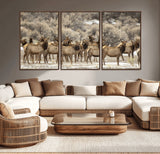 90269422-MGV-CV-36X24-Elk Herd Scene Wall Art Canvas Print, Framed Rustic Wildlife Decor Art Picture Print, Western Cabin Style Perfect Rustic Lodge