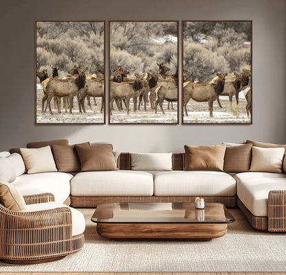 90269422-MGV-CV-36X24-Elk Herd Scene Wall Art Canvas Print, Framed Rustic Wildlife Decor Art Picture Print, Western Cabin Style Perfect Rustic Lodge