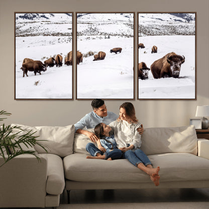 13891210-MGV-FC-60X30-3P_Walnut-Bison Herd Scene Wall Art Canvas Print, Framed Western Wildlife Decor Art Picture Print, Snowy Mountain Valley Perfect Rustic