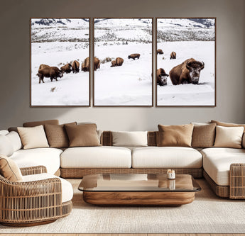 13891210-MGV-CV-36X24-Bison Herd Scene Wall Art Canvas Print, Framed Western Wildlife Decor Art Picture Print, Snowy Mountain Valley Perfect Rustic
