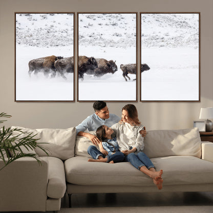 56216945-MGV-FC-60X30-3P_Walnut-Bison Herd Decor Wall Art Canvas Print, Framed Snowy Bison Scene Art Picture Print, Winter Wildlife Theme Perfect Rustic Western