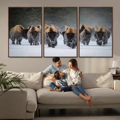 41669135-MGV-FC-60X30-3P_Walnut-Bison Herd Scene Wall Art Canvas Print, Framed Rustic Wildlife Decor Art Picture Print, Snowy Bison Landscape Perfect Rustic