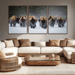41669135-MGV-CV-36X24-Bison Herd Scene Wall Art Canvas Print, Framed Rustic Wildlife Decor Art Picture Print, Snowy Bison Landscape Perfect Rustic
