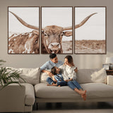 77810049-MGV-FC-60X30-3P_Walnut-Longhorn Bull Photo Wall Art Canvas Print, Framed Rustic Cow Decor Art Picture Print, Neutral Farmhouse Style Perfect Rustic