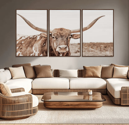 77810049-MGV-CV-36X24-Longhorn Bull Photo Wall Art Canvas Print, Framed Rustic Cow Decor Art Picture Print, Neutral Farmhouse Style Perfect Rustic