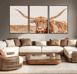 74406977-MGV-CV-36X24-Longhorn Bull Decor Wall Art Canvas Print, Framed Western Cow Theme Art Picture Print, Rustic Farmhouse Wall Perfect Neutral
