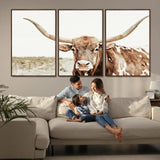 98924580-MGV-FC-60X30-3P_Walnut-Texas Longhorn Bull Wall Art Canvas Print, Framed Rustic Farmhouse Decor Art Picture Print, Western Animal Theme Perfect Rustic