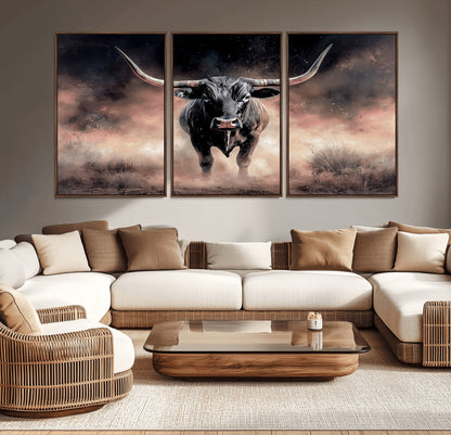 71457818-MGV-CV-36X24-Longhorn Wall Art Wall Art Canvas Print, Framed Western Bull Canvas Art Picture Print, Rustic Cow Decor Perfect Western Dramatic