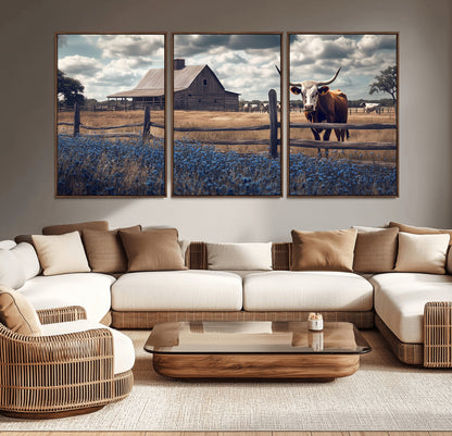 51092814-MGV-CV-36X24-Texas Longhorn Wall Art Wall Art Canvas Print, Framed Rustic Barn Canvas Art Picture Print, Farmhouse Cow Decor Perfect Rustic