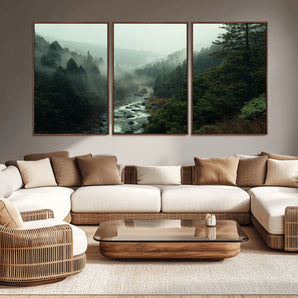 48497565-MGV-CV-36X24-Misty Forest Wall Art Canvas Print, Framed Foggy River Art Picture Print, Moody Landscape Perfect Moody Wilderness Decor Artwork