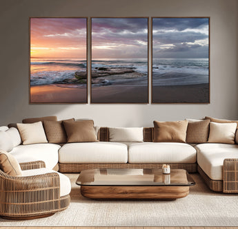 94208089-MGV-CV-36X24-Golden Hour Wall Art Canvas Print, Framed Tranquil Waves Art Picture Print, Beach Horizon Perfect Coastal Serenity Decor Artwork