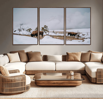 60308289-MGV-CV-36X24-Bison Wildlife Wall Art Canvas Print, Framed Snowy Prairie Art Picture Print, Western Landscape Perfect Rustic Winter Decor