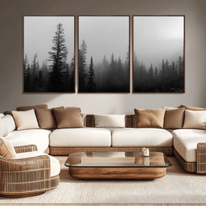 73138900-MGV-CV-36X24-Misty Pines Wall Art Canvas Print, Framed Woodland Photography Art Picture Print, Minimalist Decor Perfect Modern Rustic Decor