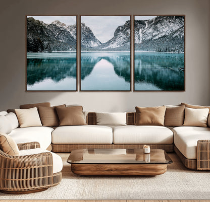 73098373-MGV-CV-36X24-Mountain Lake Wall Art Canvas Print, Framed Winter Wonderland Art Picture Print, Snowy Peaks Perfect Modern Nature Decor Artwork