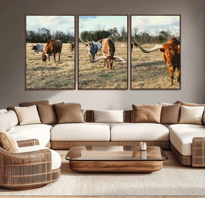 39144651-MGV-CV-36X24-Texas Longhorns Wall Art Canvas Print, Framed Rustic Farm Scene Art Picture Print, Western Cattle Perfect Rustic Farmhouse Decor