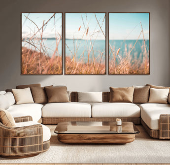 36108696-MGV-CV-36X24-Coastal Grass Wall Art – Serene Ocean View Canvas Print, Beach Nature Photography Decor for Living Room, Bedroom, Office or Modern
