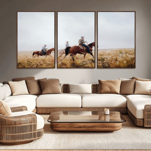 94723307-MGV-CV-36X24-Western Cowboys Wall Art Canvas Print, Framed Rustic Prairie Art Picture Print, Horseback Riding Perfect Rustic Western Decor