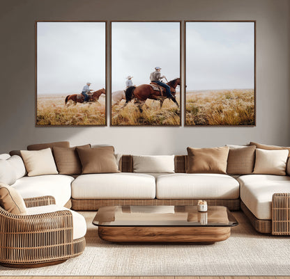 94723307-MGV-CV-36X24-Western Cowboys Wall Art Canvas Print, Framed Rustic Prairie Art Picture Print, Horseback Riding Perfect Rustic Western Decor