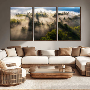 14785710-MGV-CV-36X24-Tranquil Forest Scene Wall Art Canvas Print, Framed Sunbeam Through Trees Art Picture Print, Moody Green Wall Art Perfect