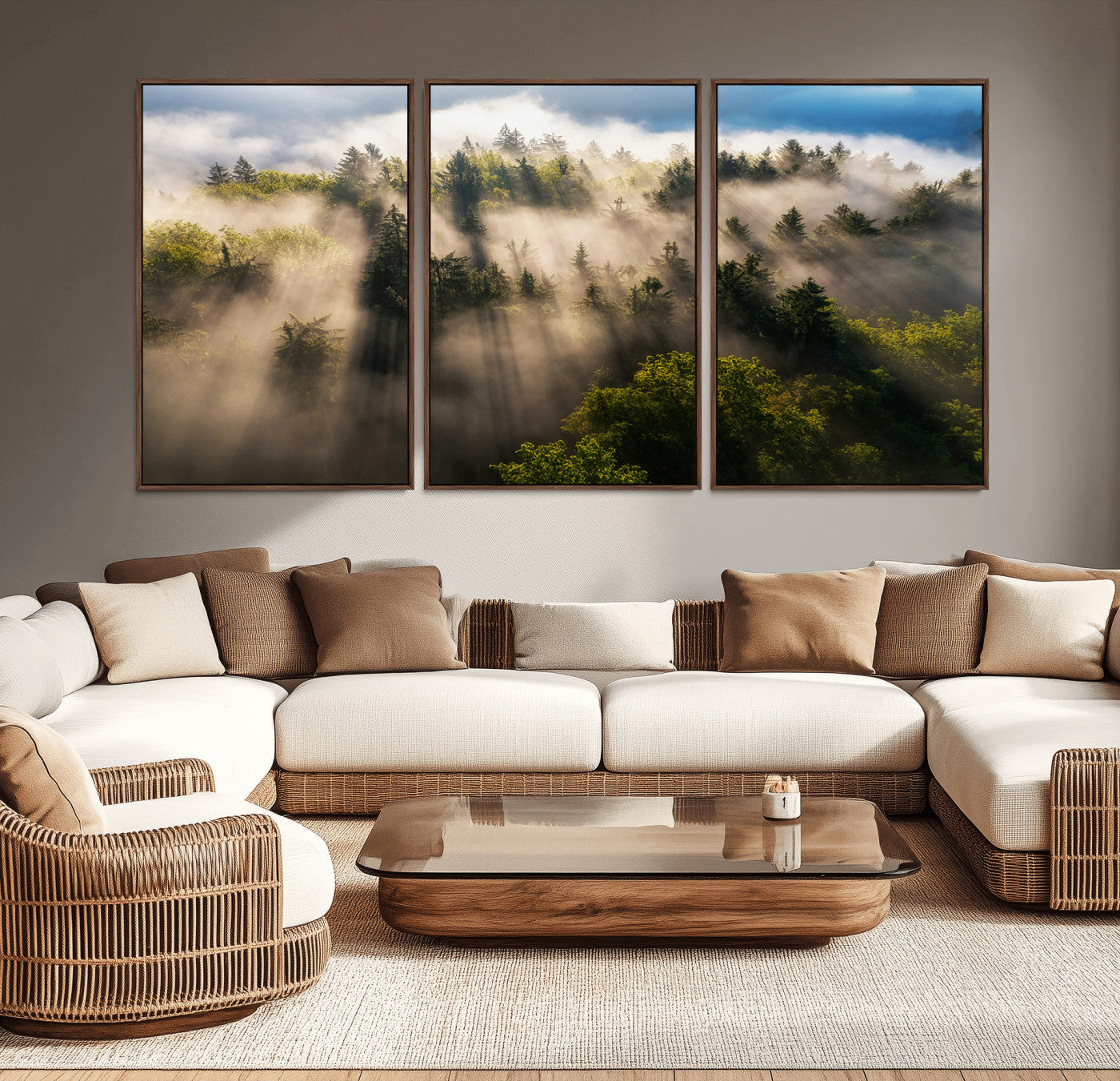 14785710-MGV-CV-36X24-Tranquil Forest Scene Wall Art Canvas Print, Framed Sunbeam Through Trees Art Picture Print, Moody Green Wall Art Perfect