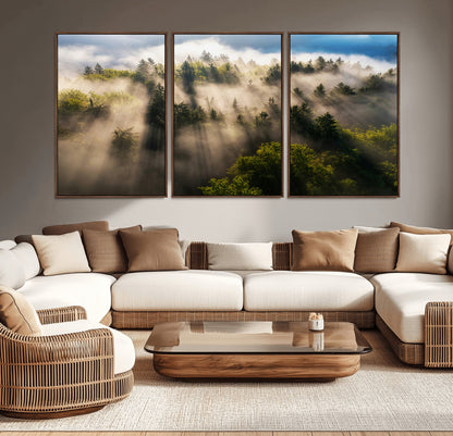 14785710-MGV-CV-36X24-Tranquil Forest Scene Wall Art Canvas Print, Framed Sunbeam Through Trees Art Picture Print, Moody Green Wall Art Perfect