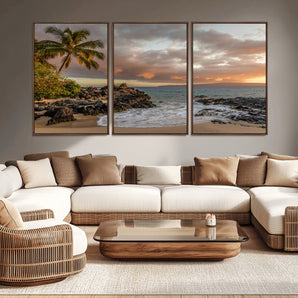 55108220-MGV-CV-36X24-Tropical Beach Wall Art Canvas Print, Framed Hawaiian Sunset Art Picture Print, Ocean Waves Perfect Coastal Tropical Decor Artwork