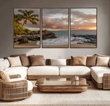 55108220-MGV-CV-36X24-Tropical Beach Wall Art Canvas Print, Framed Hawaiian Sunset Art Picture Print, Ocean Waves Perfect Coastal Tropical Decor Artwork