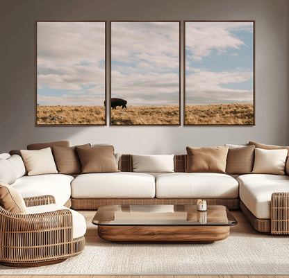 22754563-MGV-CV-36X24-Earthy Tones Wall Art Canvas Print, Framed Rustic Nature Art Picture Print, Solitary Buffalo Perfect Western Minimalist Decor