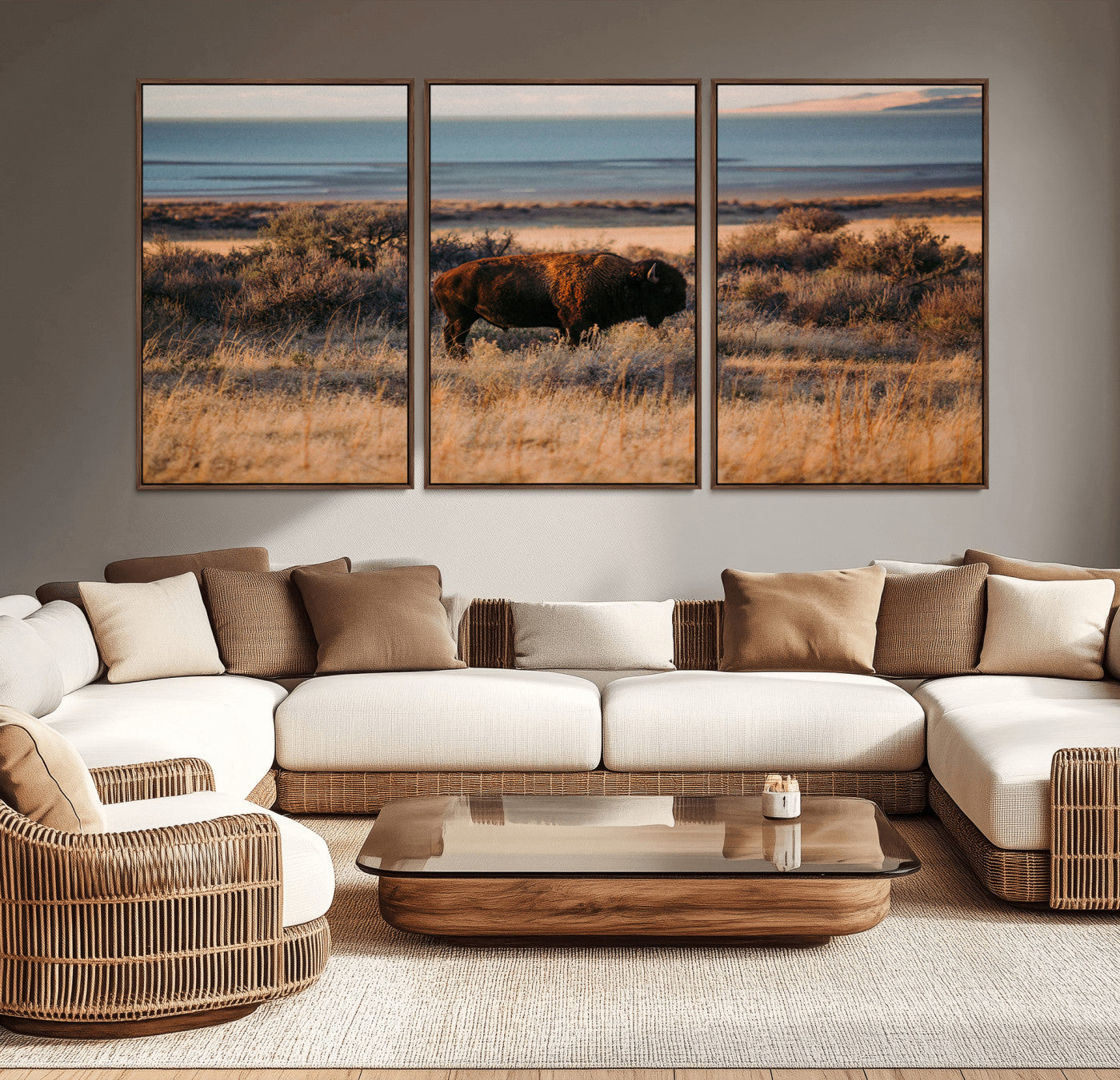 39509187-MGV-CV-36X24-Western Wildlife Wall Art Canvas Print, Framed Bison Art Picture Print, Golden Hour Perfect Western Rustic Decor Artwork