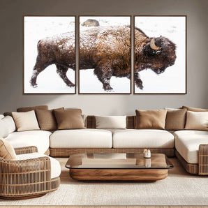 94261165-MGV-CV-36X24-Snowy Buffalo Wall Art Canvas Print, Framed Wildlife Photography Art Picture Print, Brown Tones Perfect Rustic Lodge Decor Decor