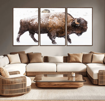 94261165-MGV-CV-36X24-Snowy Buffalo Wall Art Canvas Print, Framed Wildlife Photography Art Picture Print, Brown Tones Perfect Rustic Lodge Decor Decor