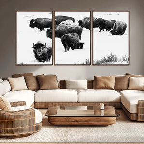 18914414-MGV-CV-36X24-Buffalo Herd Wall Art Canvas Print, Framed Black and White Art Picture Print, Snowy Landscape Perfect Rustic Lodge Decor Decor