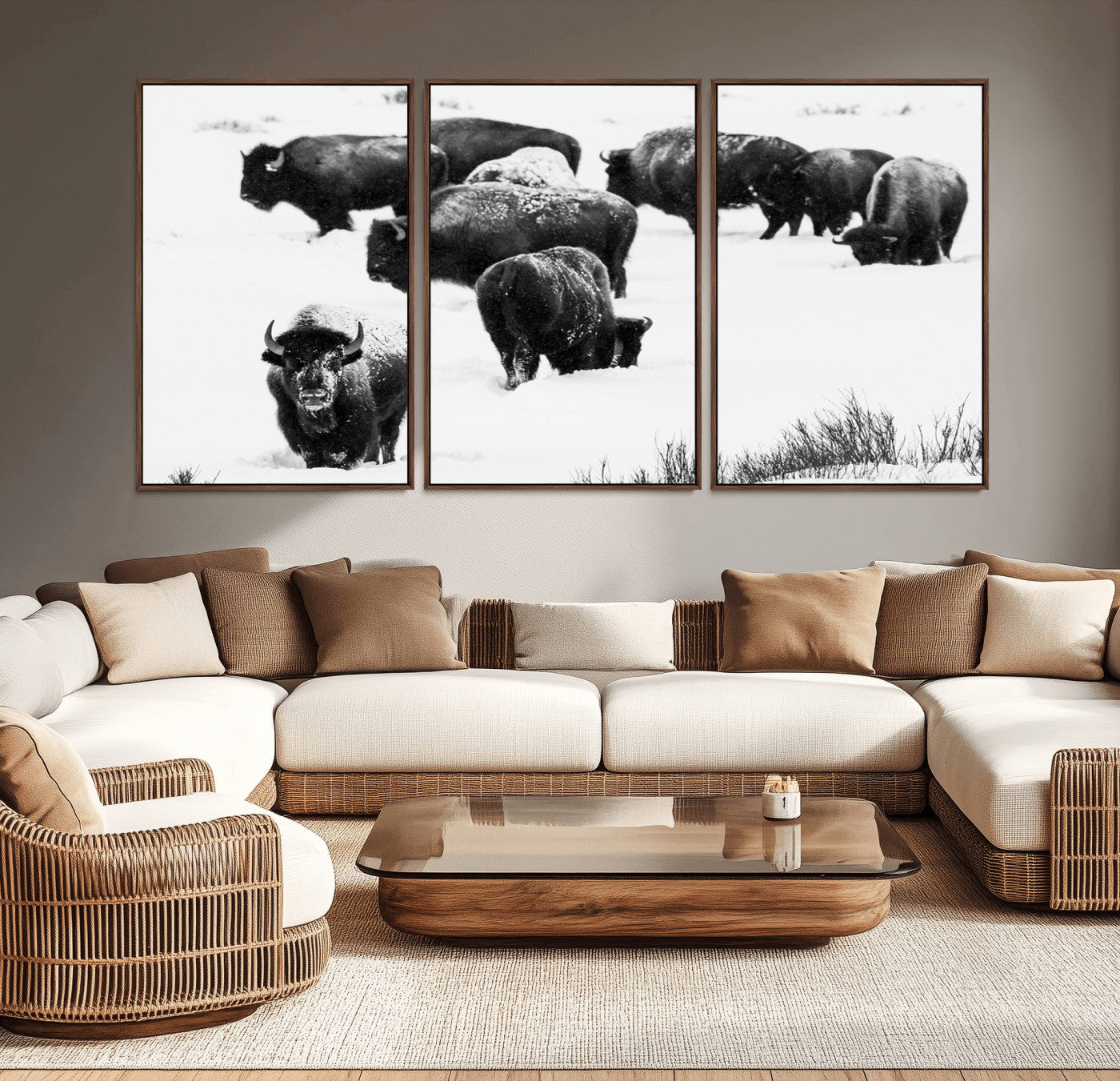 18914414-MGV-CV-36X24-Buffalo Herd Wall Art Canvas Print, Framed Black and White Art Picture Print, Snowy Landscape Perfect Rustic Lodge Decor Decor