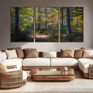 65810864-MGV-CV-36X24-Autumn Forest Wall Art Canvas Print, Framed Fall Woodland Art Picture Print, Golden Leaves Perfect Rustic Farmhouse Decor Artwork