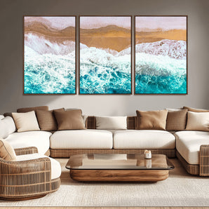 26870666-MGV-CV-36X24-Aerial Beach Wall Art Canvas Print, Framed Ocean Waves Art Picture Print, Coastal Landscape Perfect Coastal Minimalist Decor