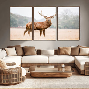 86502413-MGV-CV-36X24-Vintage Wildlife Art Wall Art Canvas Print, Framed Misty Landscape Art Picture Print, Deer Wall Art Perfect Rustic Wildlife Decor