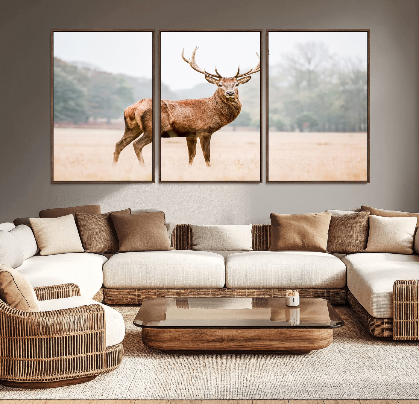 86502413-MGV-CV-36X24-Vintage Wildlife Art Wall Art Canvas Print, Framed Misty Landscape Art Picture Print, Deer Wall Art Perfect Rustic Wildlife Decor