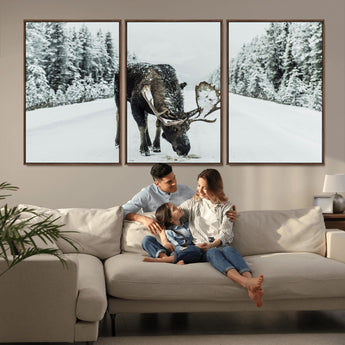 13316292-MGV-CV-36X24-Moose in Snow Wall Art Canvas Print, Framed Winter Wildlife Art Picture Print, Snowy Forest Scene Perfect Rustic Lodge Decor