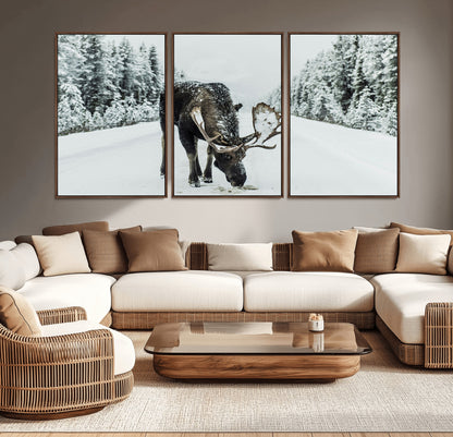 13316292-MGV-CV-36X24-Moose in Snow Wall Art Canvas Print, Framed Winter Wildlife Art Picture Print, Snowy Forest Scene Perfect Rustic Lodge Decor