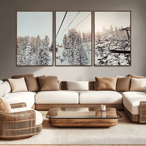 91534512-MGV-CV-36X24-Frosty Pines Wall Art Canvas Print, Framed Cozy Cabin View Art Picture Print, Ski Lift Ride Perfect Rustic Lodge Decor Artwork