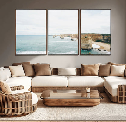 70095633-MGV-CV-36X24-Twelve Apostles Wall Art Canvas Print, Framed Coastal Cliffs Art Picture Print, Rugged Rock Formations Perfect Minimalist Coastal