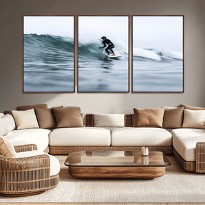 11693607-MGV-CV-36X24-Surfer on Wave Wall Art Canvas Print, Framed Ocean Adventure Art Picture Print, Motion Blur Water Perfect Coastal Adventure Decor
