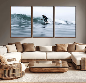 11693607-MGV-CV-36X24-Surfer on Wave Wall Art Canvas Print, Framed Ocean Adventure Art Picture Print, Motion Blur Water Perfect Coastal Adventure Decor