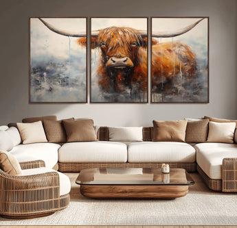 X61001-MGV-CV-36X24-Scottish Highland Wall Art Canvas Print, Framed Longhorn Art Picture Print, Western Cow Perfect Farmhouse Decor Artwork