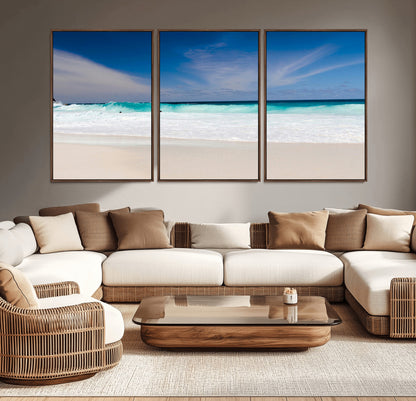 55017356-MGV-CV-36X24-Ocean Beach Wall Art – Turquoise Wave and White Sand Shoreline Canvas Print, Coastal Seascape Photography Decor for Living Room,