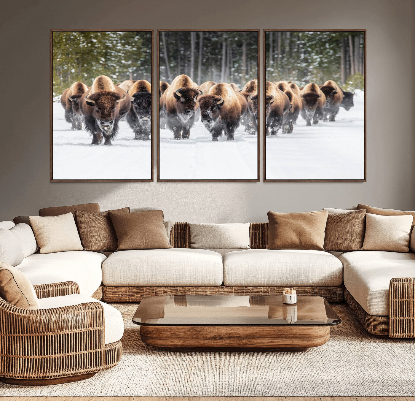 96906195-MGV-CV-36X24-Bison Herd Wall Art – American Buffalo Wildlife Photography Canvas Print, Winter Snow Scene Western Nature Decor for Living Room,